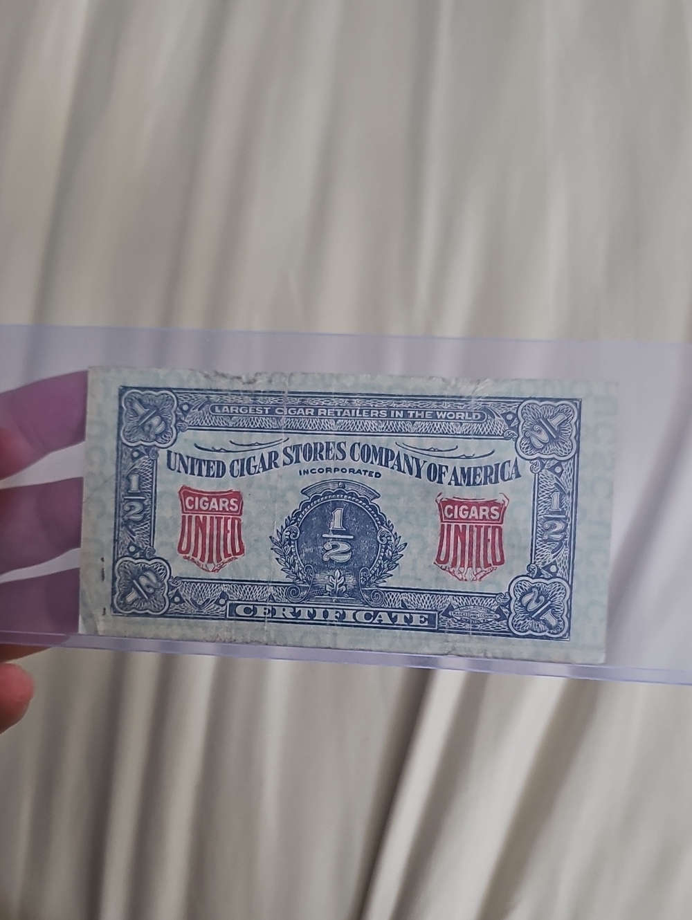 Vintage Authentic United Cigar Stores Company of America Certificate-Blue & Red
